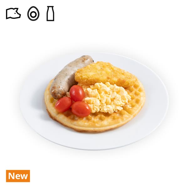 IKEA Singapore's Swedish Restaurant breakfast — Waffles Breakfast platter with german pork bratwurst, scrambled egg, hashbrown and cherry tomato. A pork, egg and dairy food symbol is seen on the top left corner.