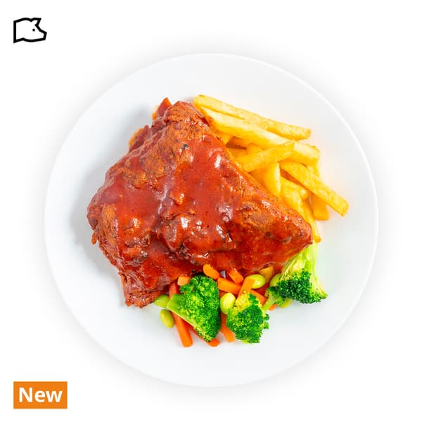 IKEA Singapore's Swedish Restaurant hot dishes — BBQ pork rib with potato fries and mixed vegetables with green soya beans. A pork food symbol in black on the top left corner and an orange tag with white text that reads 