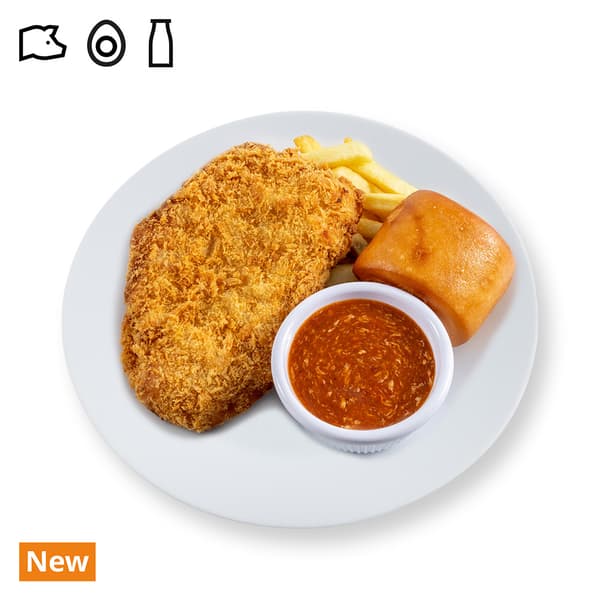 IKEA Singapore's Swedish Restaurant hot dishes — Breaded Pork cutlet ​
with fries, fried mantou and chili crab sauce. A pork, egg and dairy food symbol in black on the top left corner and an orange tag with white text that reads 