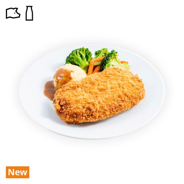 IKEA Singapore's Swedish Restaurant hot dishes — Pork Cordon Bleu with mashed potato and mixed vegetables with green soya beans A pork & dairy food symbol in black on the top left corner and an orange tag with white text that reads 