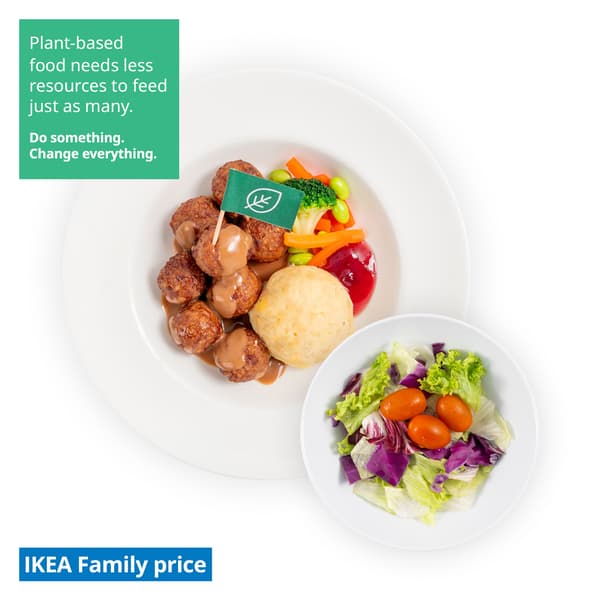 IKEA Singapore's Swedish Restaurant IKEA Family offer — Plant balls with mashed potato, mixed vegetables with green soya beans, cream sauce and lingonberry jam and green salad. A sustainability communication on the top left corner overlaying image in green with white text that reads 