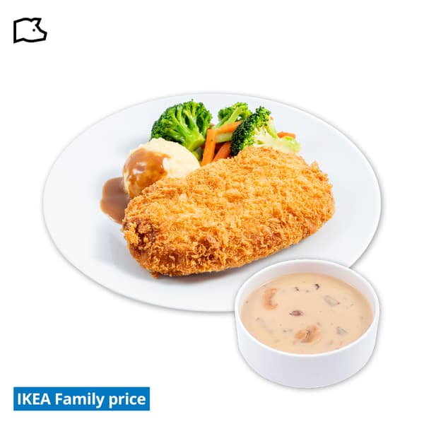 IKEA Singapore's Swedish Restaurant IKEA Family offer — Pork Cordon Bleu with mashed potato and mixed vegetables with green soya beans and mushroom soup. A pork food symbol in black on the top left corner and an orange tag with white text that reads 