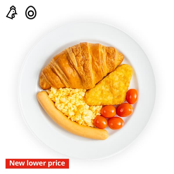 IKEA Singapore's Swedish Restaurant's breakfast — Breakfast platter; chicken hotdog, croissant, scrambled egg, and tomato