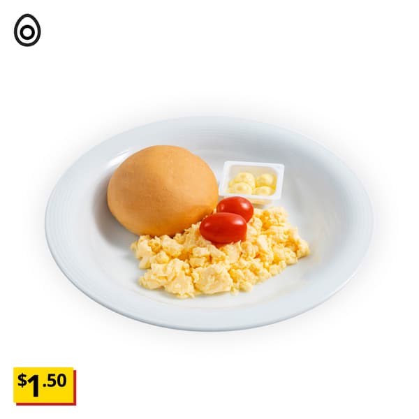 IKEA Singapore's Swedish Restaurant's breakfast — Soft butter roll & scrambled egg breakfast set with 1 butter. A egg food symbol in black on the top left corner with a breath-taking price tag in yellow of $1.50.