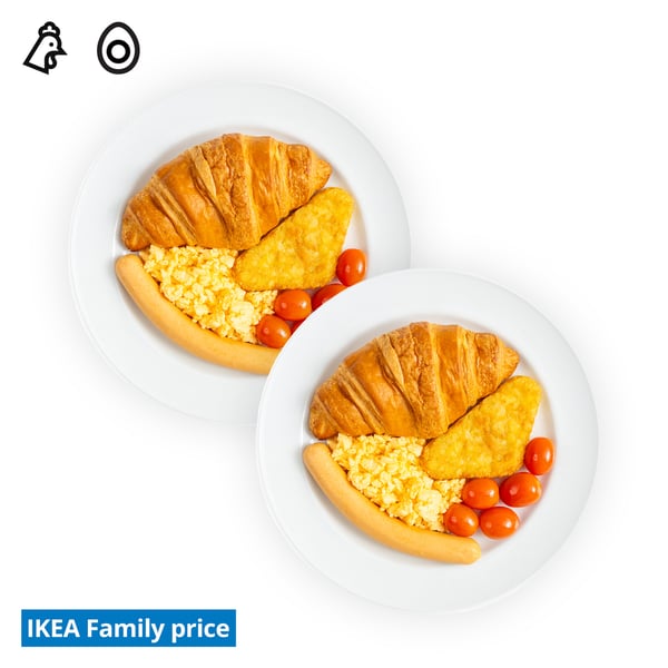 IKEA Singapore's Swedish Restaurant's breakfast — Western breakfast set - Chicken hotdog, croissant, scrambled egg and cherry tomatoes.  A chicken and egg food symbol in black on the top left corner.