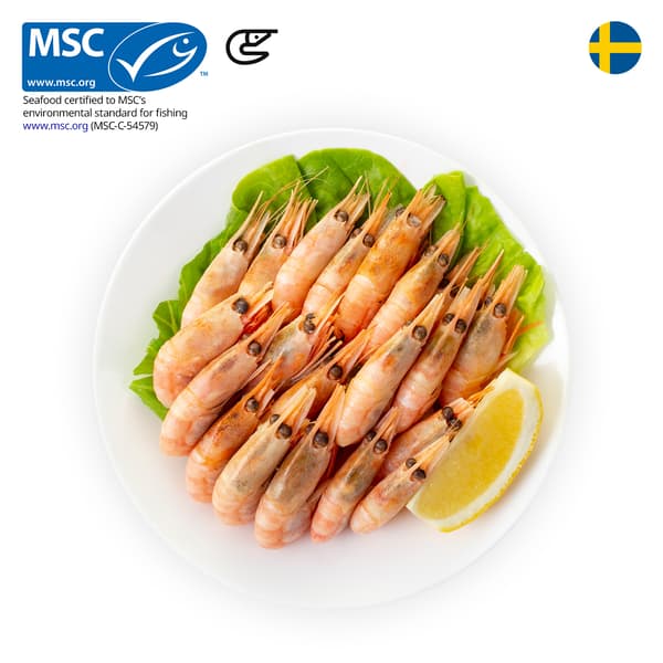 IKEA Singapore's Swedish Restaurant's cold dishes — Cold water prawn.  An MSC certificate with a prawn food symbol in black on the top left corner.