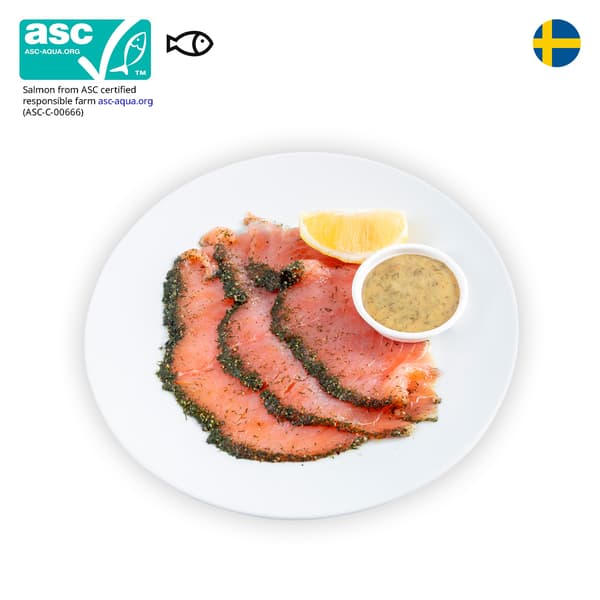 IKEA Singapore's Swedish Restaurant's cold dishes — Marinated salmon with a wedge lemon. An ASC certificate with a fish food allergen symbol in black on the top left corner.