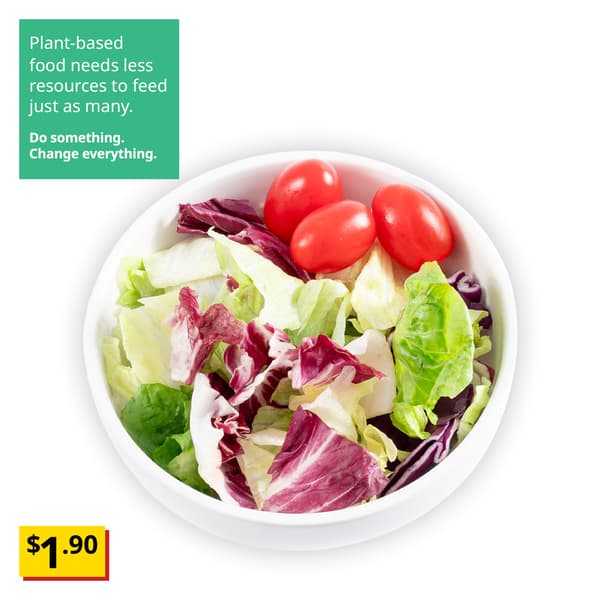 IKEA Singapore's Swedish Restaurant's cold dishes — Small green salad. Sustainability communication overlay image in green with white text that reads 