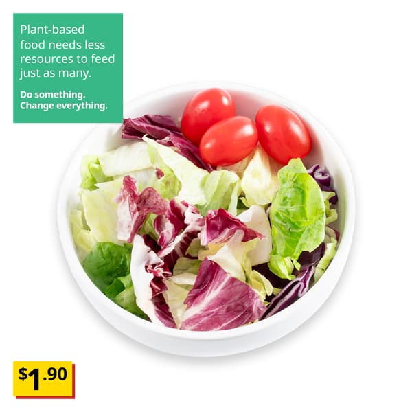 IKEA Singapore's Swedish Restaurant's cold dishes — Small green salad. Sustainability communication overlay image in green with white text that reads 
