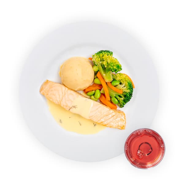 IKEA Singapore's Swedish Restaurant's daily saver meal — Baked salmon fillet with mashed potato, mixed vegetables with green soya beans served with lemon and dill sauce & refillable cold drink with ASC-certified icon and fish symbol in black on the top left corner.