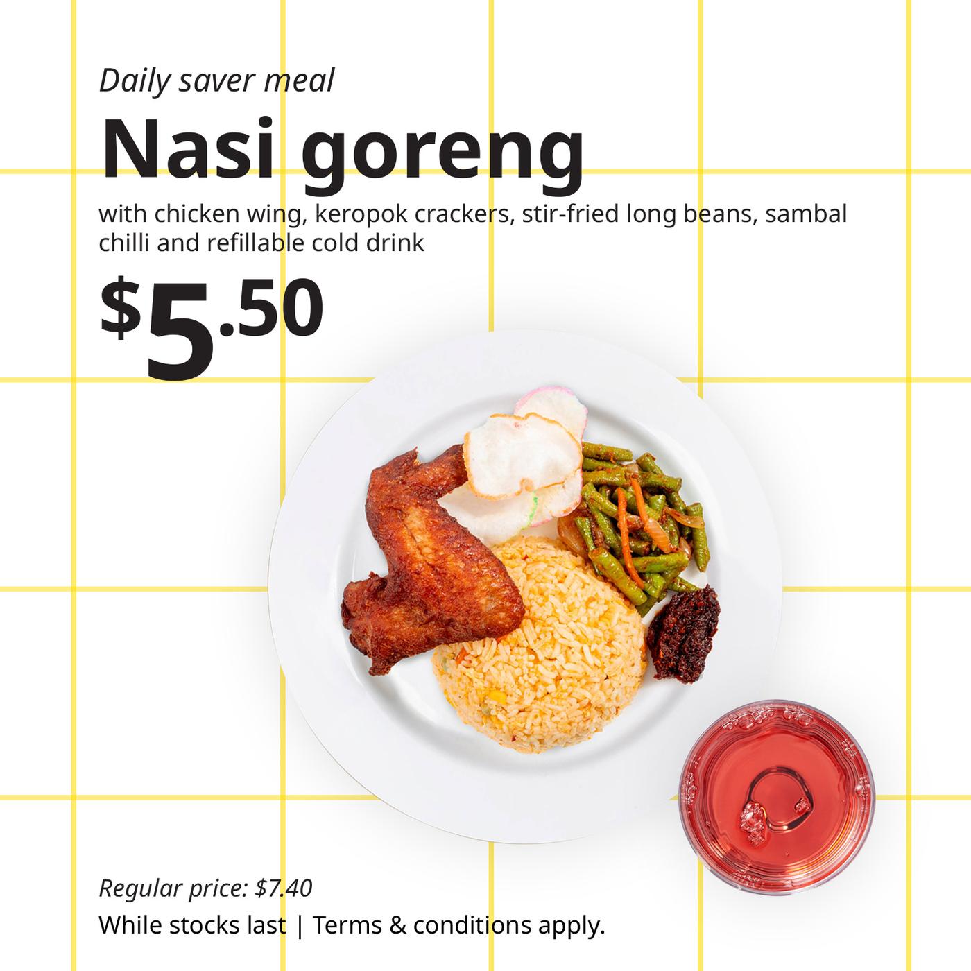IKEA Singapore's Swedish Restaurant's daily saver meal — Nasi goreng with chicken wing, keropok crackers, stir-fried long beans, sambal chilli and refillable cold drink with chicken food symbol in black on the top left corner.
