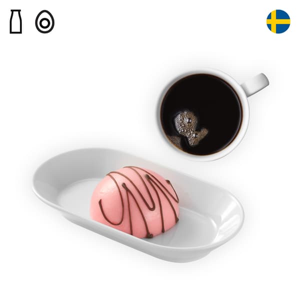 IKEA Singapore's Swedish Restaurant's FIKA OFFER — Cream cake with marzipan with a cup of black coffee. A dairy and egg food symbol in black on the top left corner.