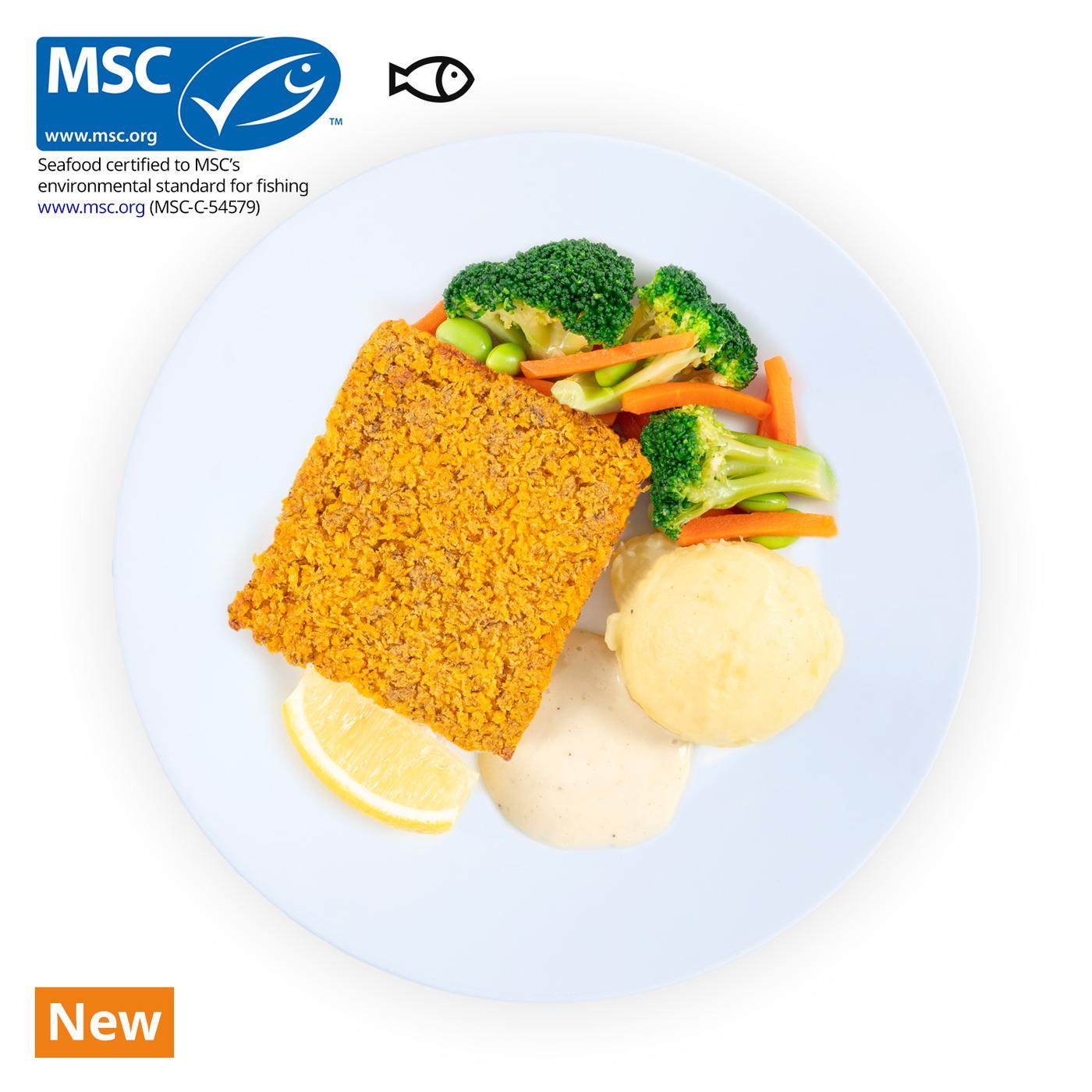 IKEA Singapore's Swedish Restaurant's hot dishes — Baked cheese & herb pollock with mashed potatoes & mixed vegetables (served with aioli sauce on the side)