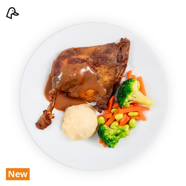 IKEA Singapore's Swedish Restaurant's hot dishes — Baked duck confit with duck food symbol in black on top left corner and a orange tag with white text that reads 