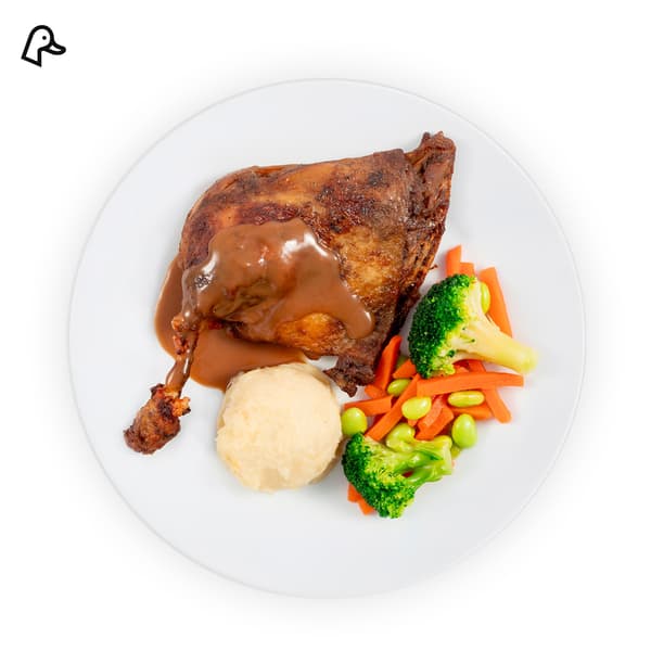 IKEA Singapore's Swedish Restaurant's hot dishes — Baked duck confit with duck food symbol in black on top left corner.