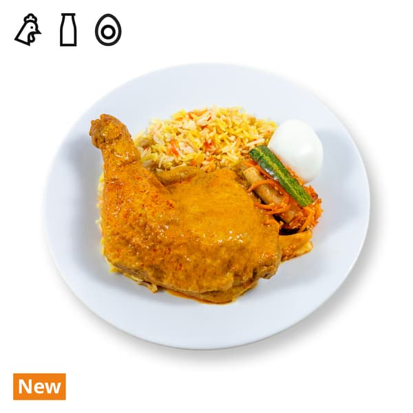IKEA Singapore's Swedish Restaurant's hot dishes  — Chicken curry biryani. Food allergen symbol of chicken, dairy and egg in black is on the top left corner. On the bottom left corner, a orange tag with white text that reads 'New'.