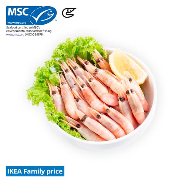 IKEA Singapore's Swedish Restaurant's hot dishes — Cold water prawn.  An MSC certificate with a prawn food symbol in black on the top left corner.