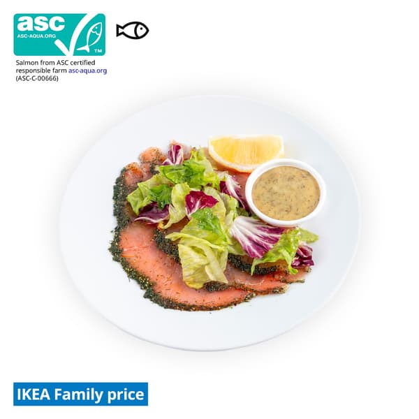 IKEA Singapore's Swedish Restaurant's hot dishes — Marinated salmon with salad. An ASC certificate with a fish food symbol in black on the top left corner.
