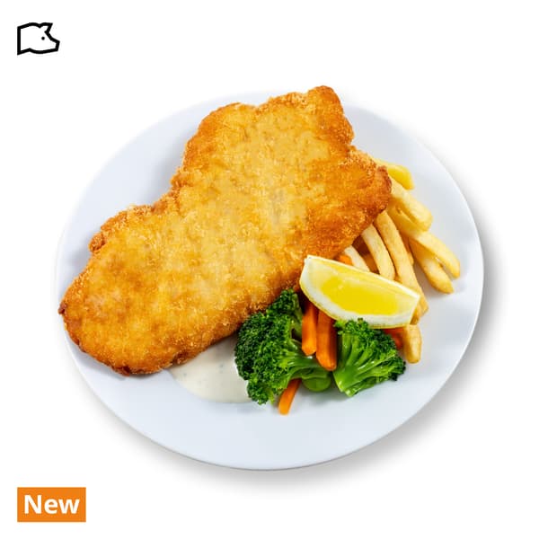 IKEA Singapore's Swedish Restaurant's hot dishes  — Pork Schnitzel with fries, mixed vegetables with green soya beans, a wedge of lemon & aioli sauce. Food allergen symbol of pork in black is on the top left corner. On the bottom left corner, a orange tag with white text that reads 'New'.
