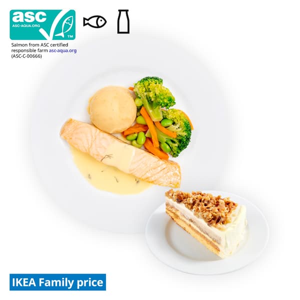 IKEA Singapore's Swedish Restaurant's hot dishes — Salmon fillet with mashed potato, mixed vegetables with green soya beans and lemon and dill sauce & apple crumble cheesecake. An ASC certificate with a fish food symbol in black on the top left corner.