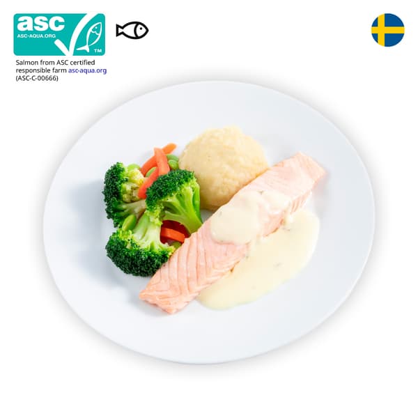 IKEA Singapore's Swedish Restaurant's hot dishes — Salmon fillet with mashed potato, mixed vegetables with green soya beans and lemon and dill sauce. An ASC certificate with a fish food symbol in black on the top left corner.