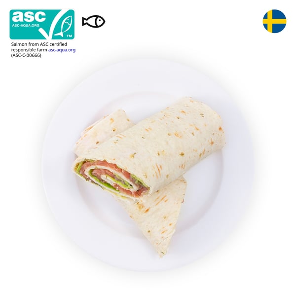 IKEA Singapore's Swedish Restaurant's hot dishes — Salmon wrap. An ASC certificate with a fish food symbol in black on the top left corner.