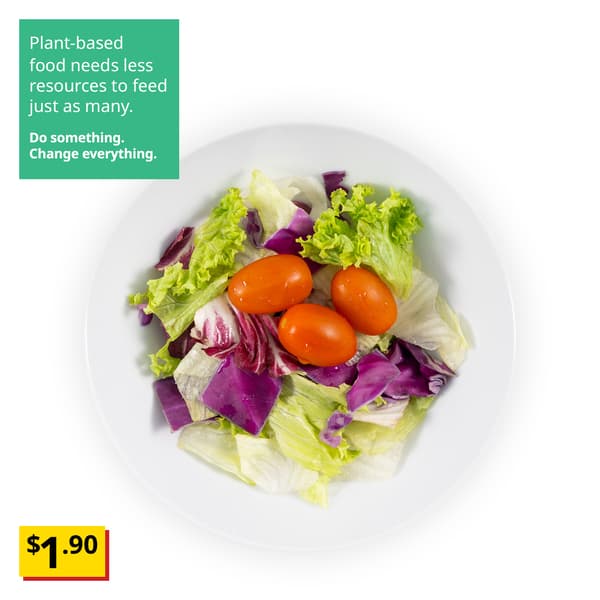 IKEA Singapore's Swedish Restaurant's hot dishes — Small green salad. Sustainability communication overlay image in green with white text that reads 