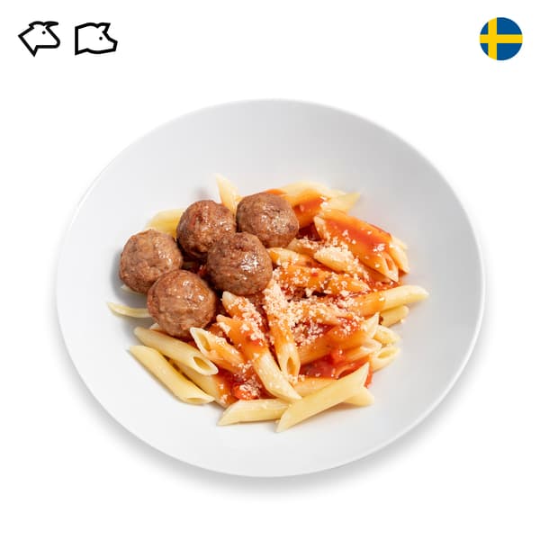IKEA Singapore's Swedish Restaurant's hot dishes  — Swedish meatballs with organic penne pasta in tomato sauce, with beef and pork food symbol in black on the top left corner.