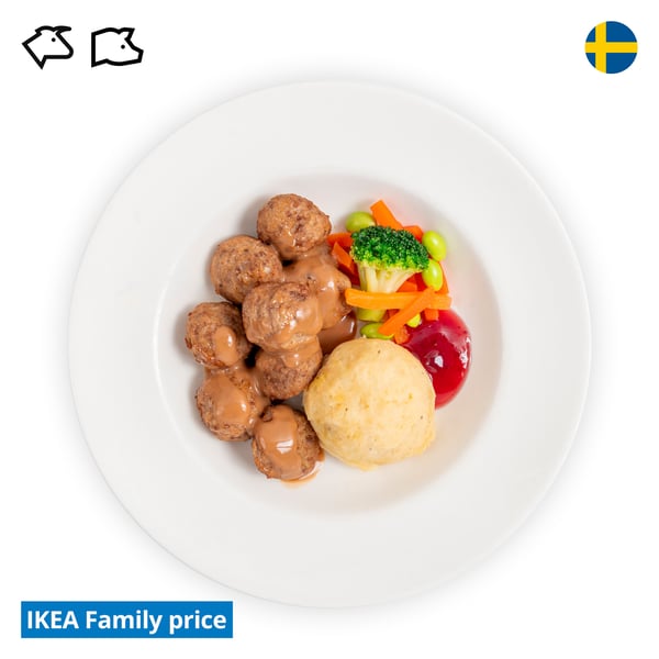 IKEA Singapore's Swedish Restaurant's hot dishes  — Swedish meatballs with mashed potato, mixed vegetables with green soya beans, cream sauce and lingonberry jam, with beef and pork food symbol in black on the top left corner.