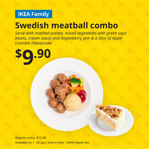 IKEA Singapore's Swedish Restaurant's hot dishes  — Swedish meatballs with mashed potato, mixed vegetables with green soya beans, cream sauce and lingonberry jam & a slice of apple crumble cheesecake, with beef, pork & dairy food symbol in black on the top left corner.