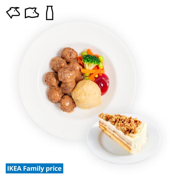 IKEA Singapore's Swedish Restaurant's hot dishes  — Swedish meatballs with mashed potato, mixed vegetables with green soya beans, cream sauce and lingonberry jam & a slice of apple crumble cheesecake, with beef, pork & dairy food symbol in black on the top left corner.