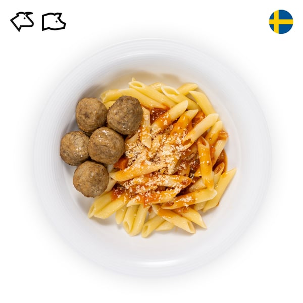 IKEA Singapore's Swedish Restaurant's hot dishes  — Swedish meatballs with organic penne pasta in tomato sauce, with beef and pork food symbol in black on the top left corner.