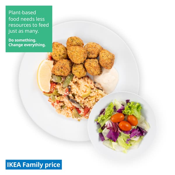 IKEA Singapore's Swedish Restaurant's IKEA Family offer — 8pcs Falafel balls with couscous and aioli sauce serve on the side with a lemon wedge. A sustainability communication on the top left corner overlaying image in green with white text that reads 