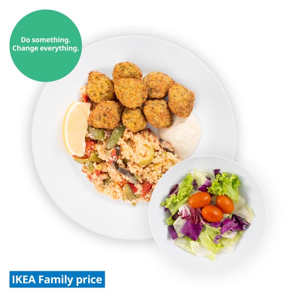IKEA Singapore's Swedish Restaurant's IKEA Family offer — 8pcs Falafel balls with couscous and aioli sauce serve on the side with a lemon wedge. A sustainability communication on the top left corner overlaying image in green with white text that reads 