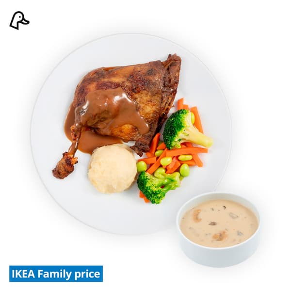 IKEA Singapore's Swedish Restaurant's IKEA Family offer — Baked duck confit with mushroom soup  with duck food symbol in black on top left corner.