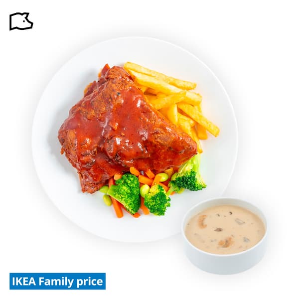 IKEA Singapore's Swedish Restaurant's IKEA Family offer — BBQ pork rib with potato fries and mixed vegetables with green soya beans & mushroom soup. A pork food symbol in black on the top left corner and an blue tag with white text that reads 