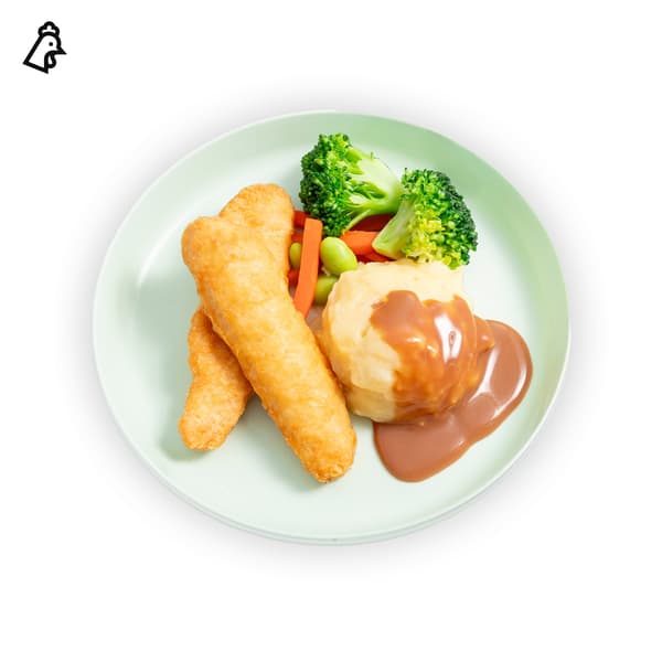 IKEA Singapore's Swedish Restaurant's kids' menu — Kid's 2pc Tempura chicken strips. A chicken symbol in black is seen on top left corner.