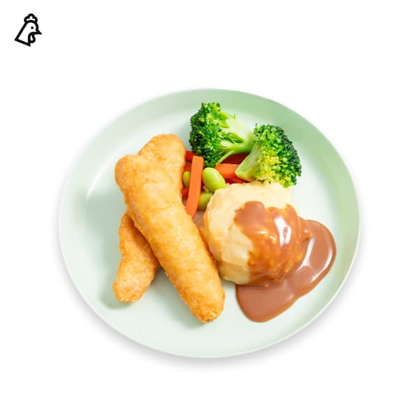 IKEA Singapore's Swedish Restaurant's kids' menu — Kid's 2pc Tempura chicken strips. A chicken symbol in black is seen on top left corner.