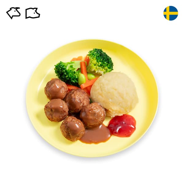 IKEA Singapore's Swedish Restaurant's kids' menu — Kid's Swedish meatballs with mashed potato. A beef and pork symbol in black is seen on the top left corner.