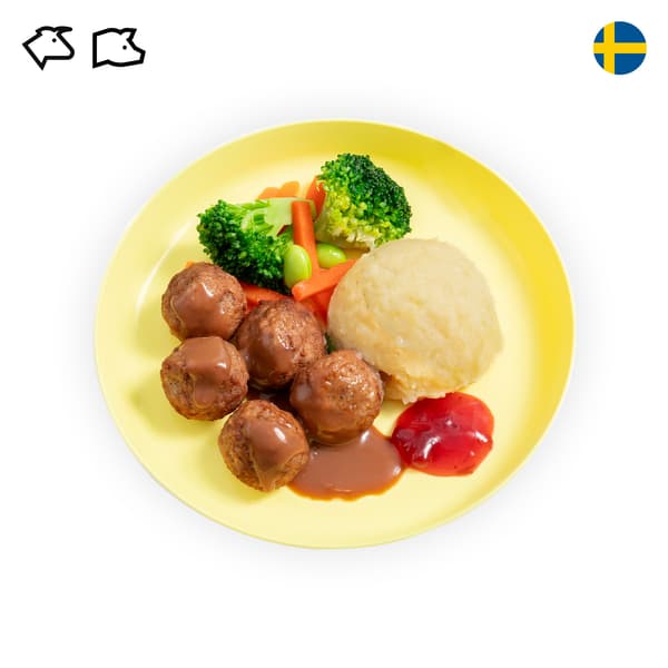 IKEA Singapore's Swedish Restaurant's kids' menu — Kid's Swedish meatballs with mashed potato. A beef and pork symbol in black is seen on the top left corner.