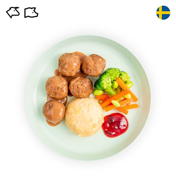 IKEA Singapore's Swedish Restaurant's kids' menu — Kid's Swedish meatballs with mashed potato. A beef and pork symbol in black is seen on the top left corner.