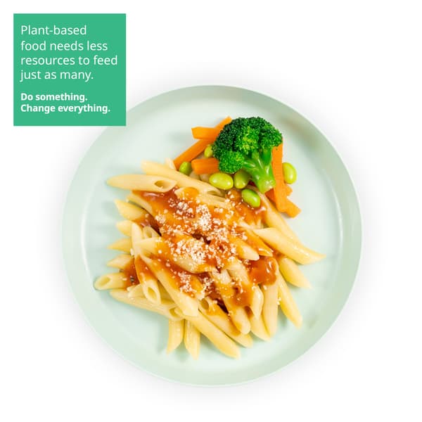 IKEA Singapore's Swedish Restaurant's kids' plant-based menu — Kid's organic penne pasta with mixed vegetables in tomato sauce. A sustainability communication on the top left corner overlaying image in green with white text that reads 
