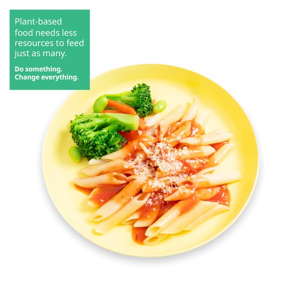 IKEA Singapore's Swedish Restaurant's kids' plant-based menu — Kid's organic penne pasta with mixed vegetables in tomato sauce. A sustainability communication on the top left corner overlaying image in green with white text that reads 