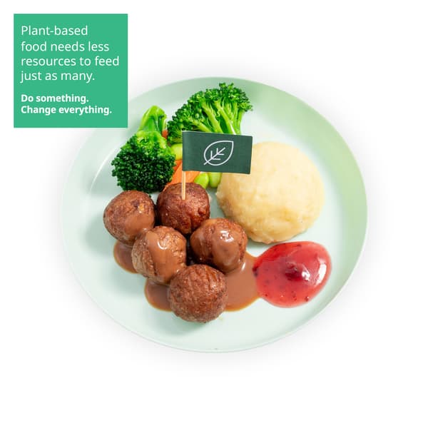 IKEA Singapore's Swedish Restaurant's kids' plant-based menu — Kid's Plant balls with mashed potato and lingonberry jam. A sustainability communication on the top left corner overlaying image in green with white text that reads 