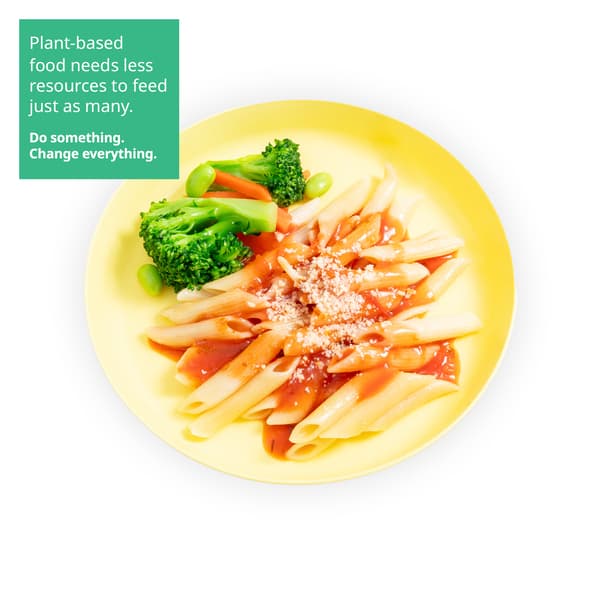 IKEA Singapore's Swedish Restaurant's kids' plant-based menu — Kid's organic penne pasta with mixed vegetables in tomato sauce. A sustainability communication on the top left corner overlaying image in green with white text that reads 