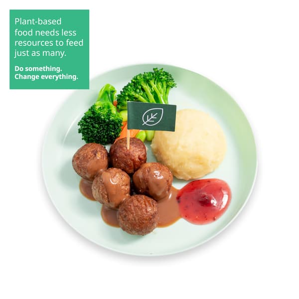 IKEA Singapore's Swedish Restaurant's kids' plant-based menu — Kid's Plant balls with mashed potato and lingonberry jam. A sustainability communication on the top left corner overlaying image in green with white text that reads 