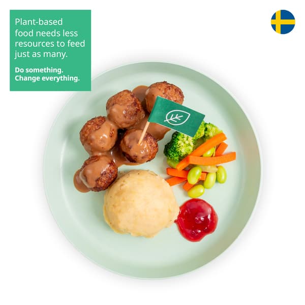 IKEA Singapore's Swedish Restaurant's kids' plant-based menu — Kid's Plant balls with mashed potato and lingonberry jam. A sustainability communication on the top left corner overlaying image in green with white text that reads 