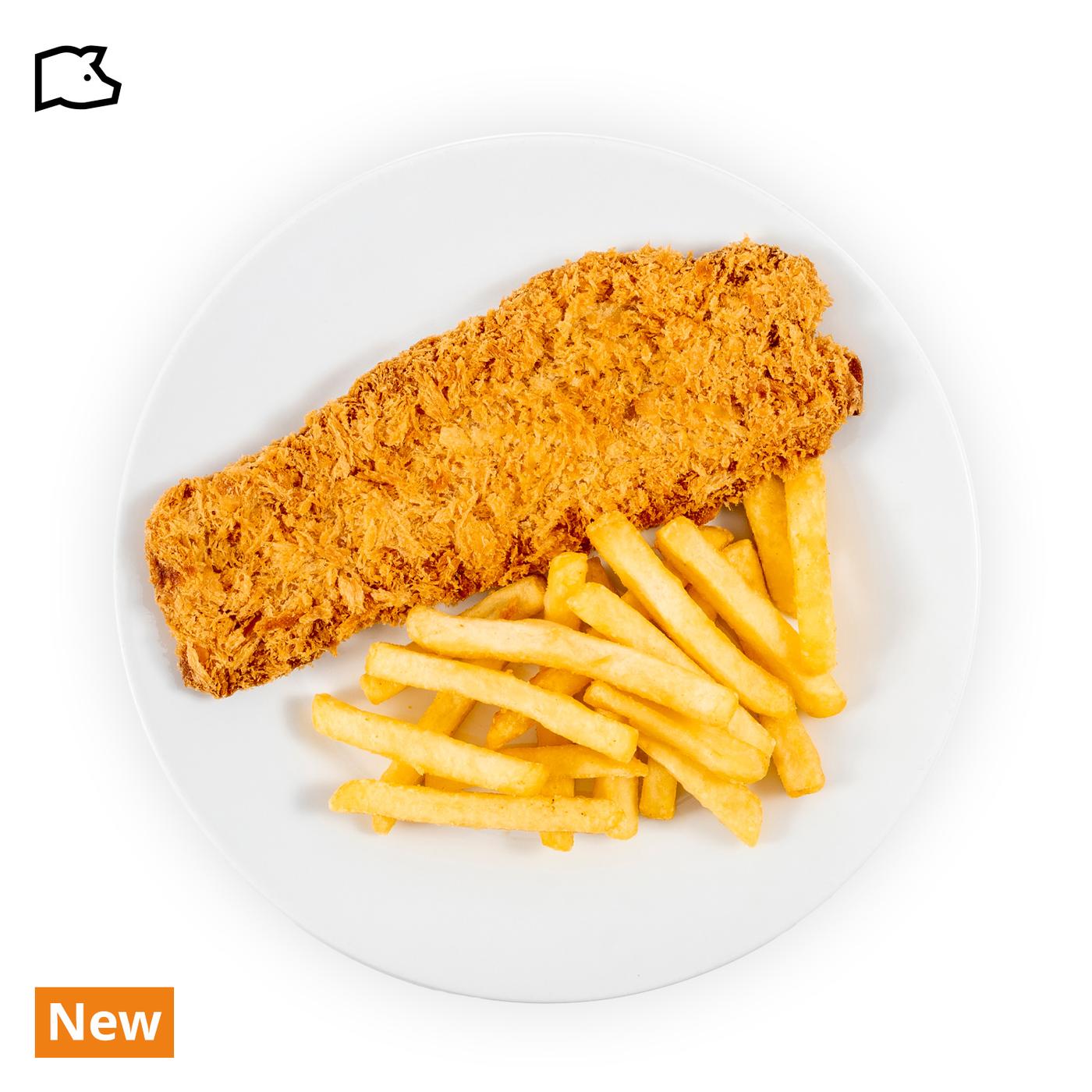 IKEA Singapore's Swedish Restaurant's limited-time offer  — Pork fillet with fries, serve with Aioli sauce on the side, with pork food symbol in black on the top left corner and a orange tag with white text that reads "New" on the bottom left.