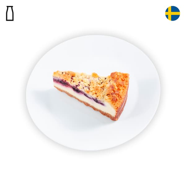 IKEA Singapore's Swedish Restaurant's menu — Blueberry raspberry cheesecake with dairy food symbol in black on the top left corner.