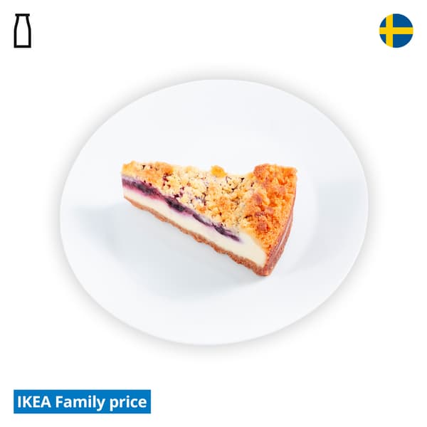 IKEA Singapore's Swedish Restaurant's menu — Blueberry raspberry cheesecake with dairy food symbol in black on the top left corner.